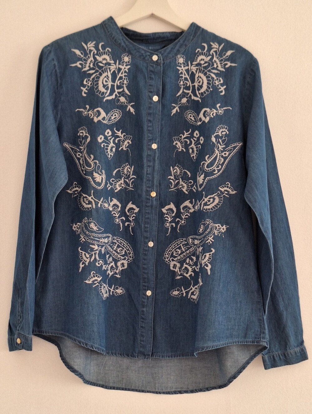 NWT April Cornell Indigo Denim Shirt with White Floral Embroidery